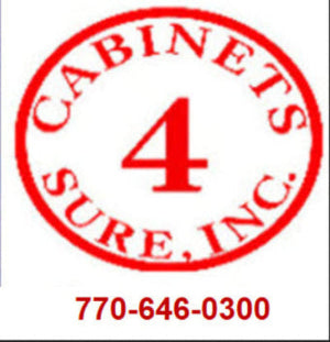 A red circular logo reading 'CABINETS SURE, INC.' with a large number 4 in the center, plus the phone number 770-646-0300 below on a white background.