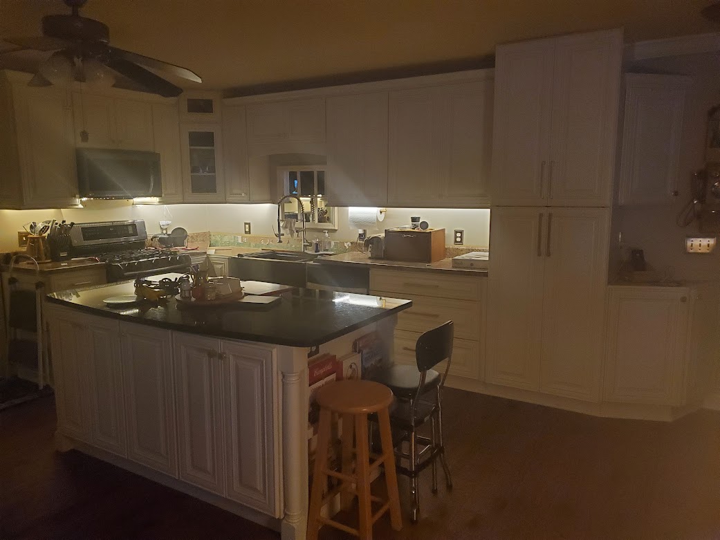 Charleston White Kitchen with Island and Glass Doors