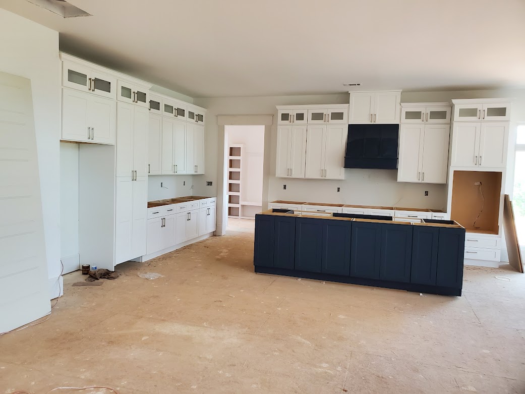 Shaker White with Oven Cabinet and Navy Blue Wood Hood