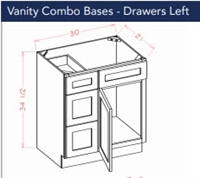 Shaker White Vanity 30 w x 21 d x 34 1/2 h with Drawers on Left