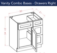 Shaker White Vanity 30 w x 21 d x 34 1/2 h with Drawers on Right